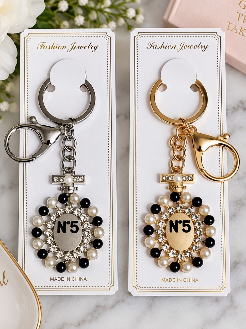 N°5 Pearl & Crystal Keychain Charm - Gold or Silver